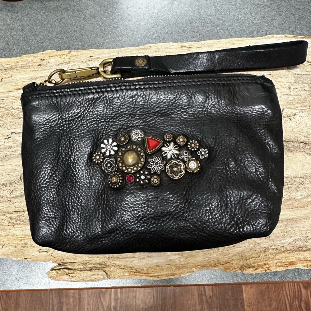 Campomaggi Black Leather Wristlet with Embellishments